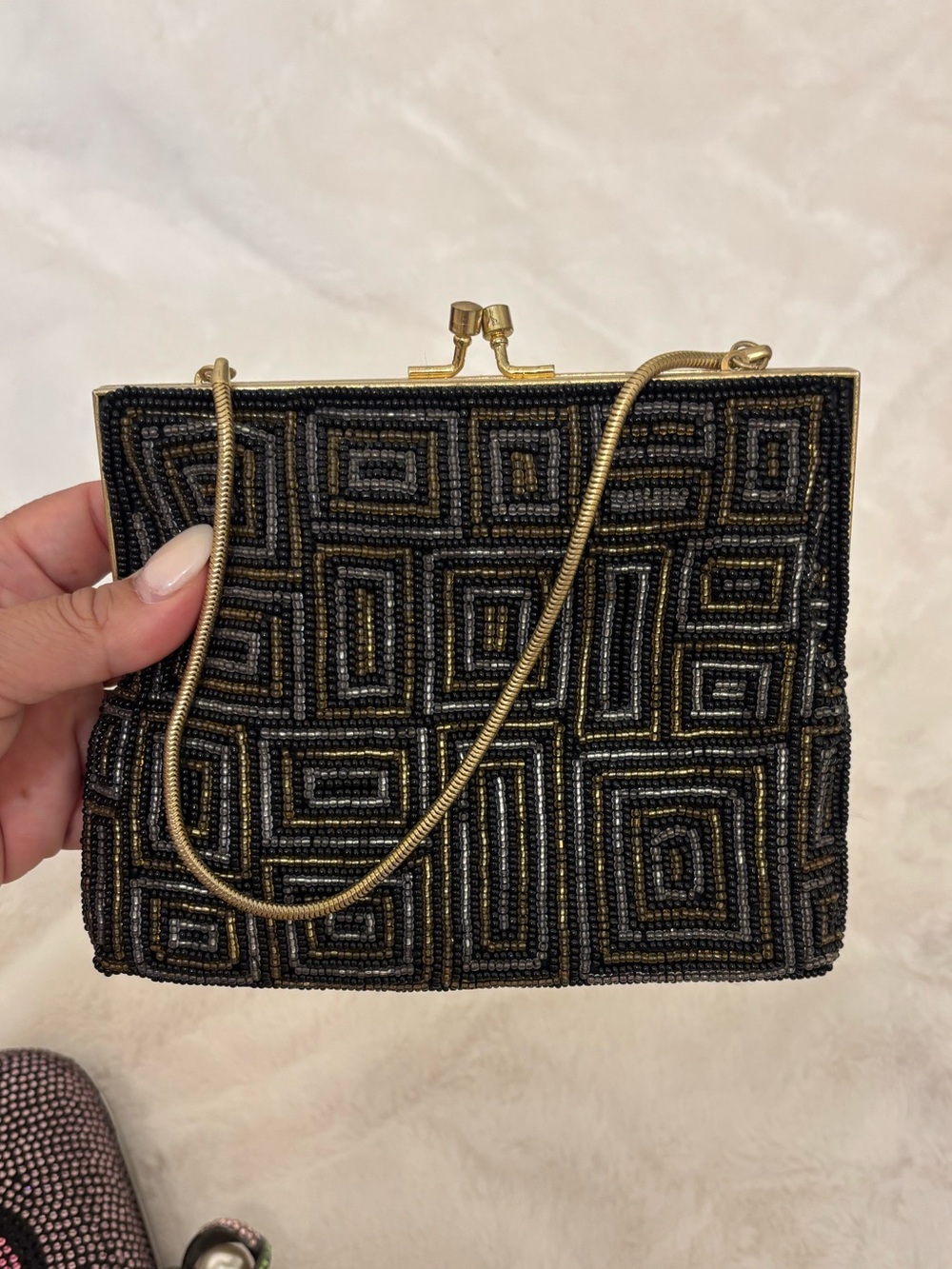 Black & Gold Beaded Evening Bag with Chain Strap